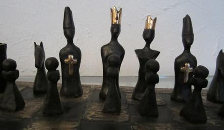 Celebrated Irish sculptor Orla de Bri's chess set (black pieces) specially designed for Garry Kasparov's visit to Ireland.