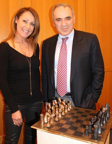 Celebrated Irish sculptor Orla de Bri photographed with Garry Kasparov and the chess set specially designed for Garry Kasparov's visit to Ireland.