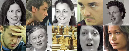 Stills from an Italian documentary film about chess, featuring players from the 2006 Turin Olympiad including Mark Quinn (top left)