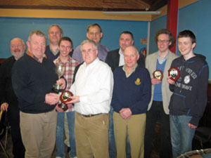 Armstrong winners Kilkenny Chess Club: left (back), John Bradley, Maurice Buckley, Ryan Griffiths, Alex Baburin, Darko Polimec, Mark Quinn, John Courtney, (front) Eamonn Keogh, Peter Scott (LCU) and Jack Lowry