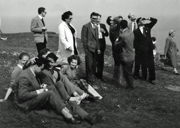 Dublin Zonal rest day: seated L-R: Pal Benko, Maureen Forde, Svetozar Gligoric, Ake Stenborg, Muriel Murphy; standing L-R: Mme Denise Catozzi, Alberto Giustolisi, Arthur Dunkelblum, Jaimie Llado, Henry Catozzi (back to camera) - photo Joe Keenan
