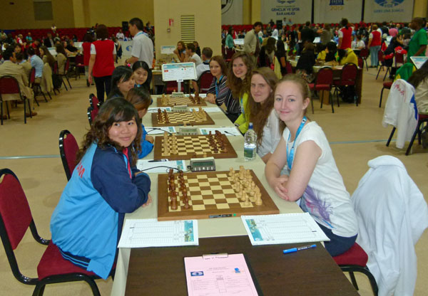 The Irish ladies about to begin round 1 of the 40th Olympiad against Vietname (from R-L): Sarah-Jane Hearne, Karina Kruk, Hannah Lowry-O'Reilly, Monica Gedvilaite