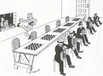 Cartoon by Meikle: blindfold chess, that's the way to earn prisoners' respect