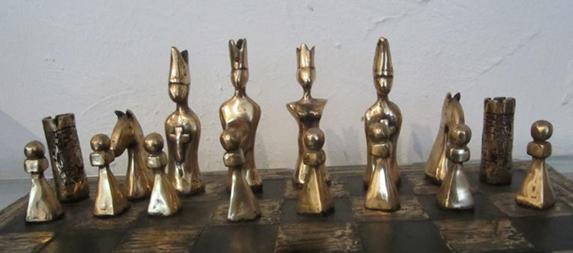 Celebrated Irish sculptor Orla de Bri's chess set (white pieces) specially designed for Garry Kasparov's visit