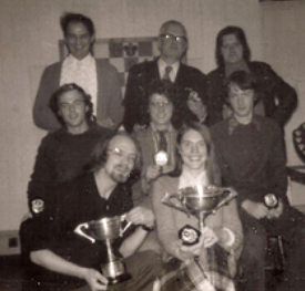 The Printers Chess Club: back row: Michael Carroll, Charlie Marshall, Frank ODonnell; centre row: Pat Byrne, Denis Healy, John Proudfoot.; bottom row: Tom Collins, Hilary Healy