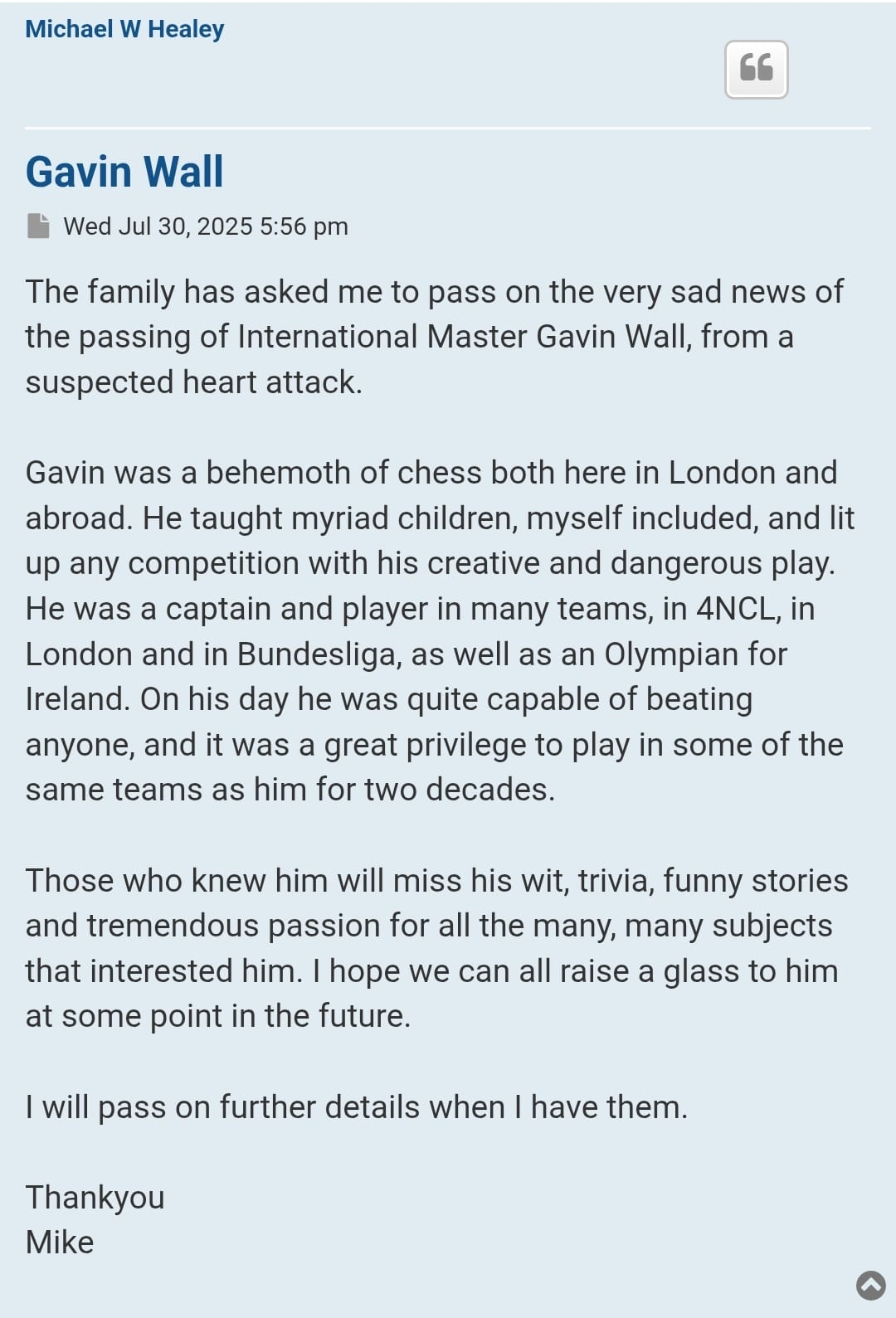 Gavin Wall RIP by Mike Healey